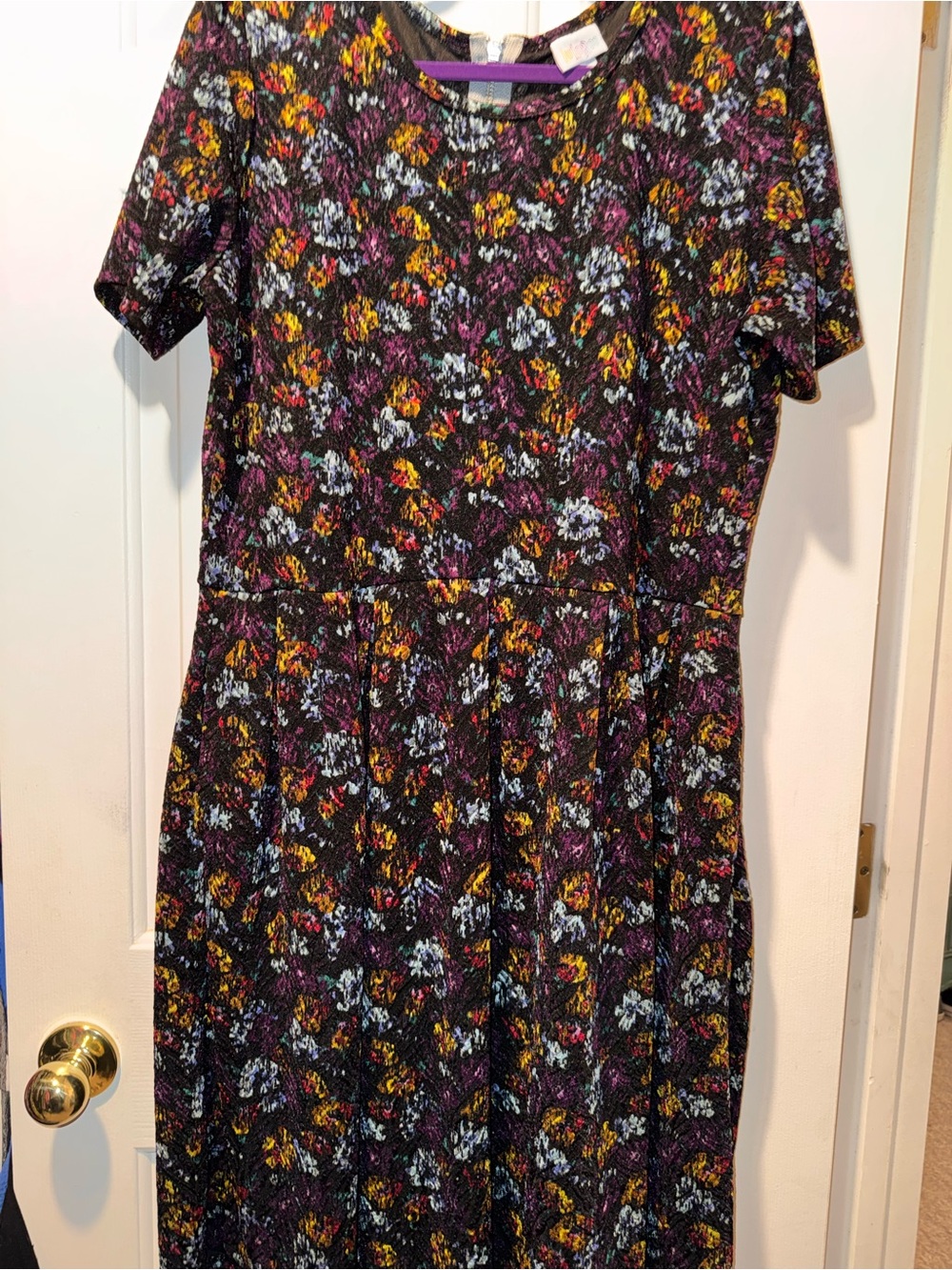 LuLaRoe Black Floral Midi Dress with Purple, Yellow & Blue Accents